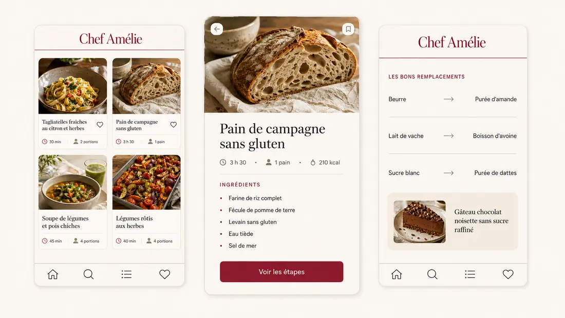 Écrans de l'application Chef Amélie
