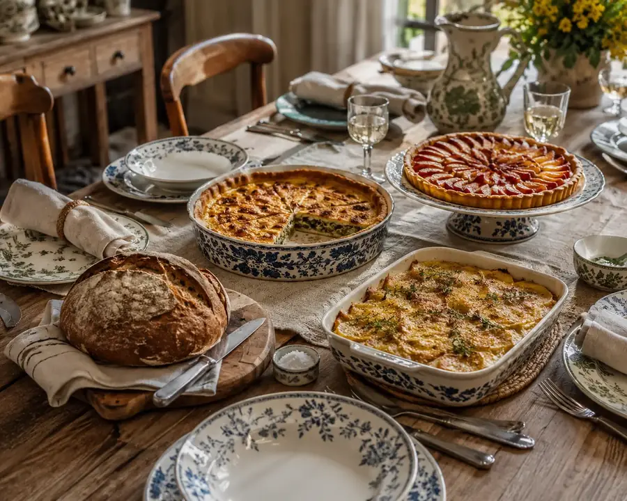 Table dressée avec des pains et des plats
